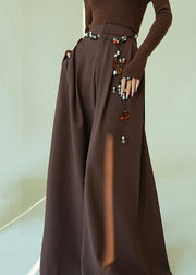 Stylish Brown Pockets High Waist Spandex Pants Fall