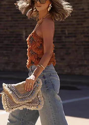 Stylish Brown Ruffled Sequins Cotton Spaghetti Strap Tank Sleeveless
