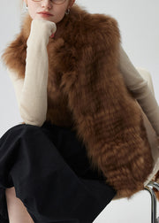 Stylish Brown Stand Collar Pockets Leather And Fur Waistcoat Sleeveless