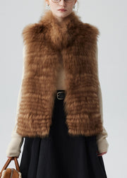 Stylish Brown Stand Collar Pockets Leather And Fur Waistcoat Sleeveless