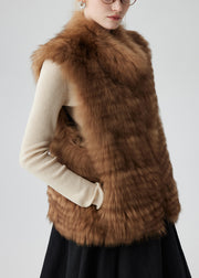 Stylish Brown Stand Collar Pockets Leather And Fur Waistcoat Sleeveless