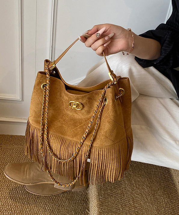 Stylish Brown Tassel Patchwork Suede Shoulder Bag