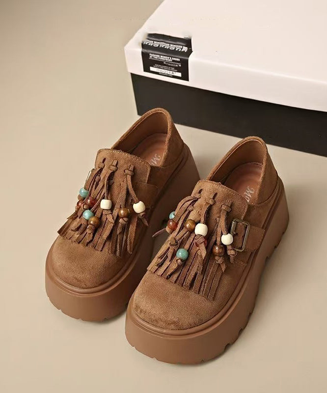Stylish Brown Tassel Splicing Platform Flats