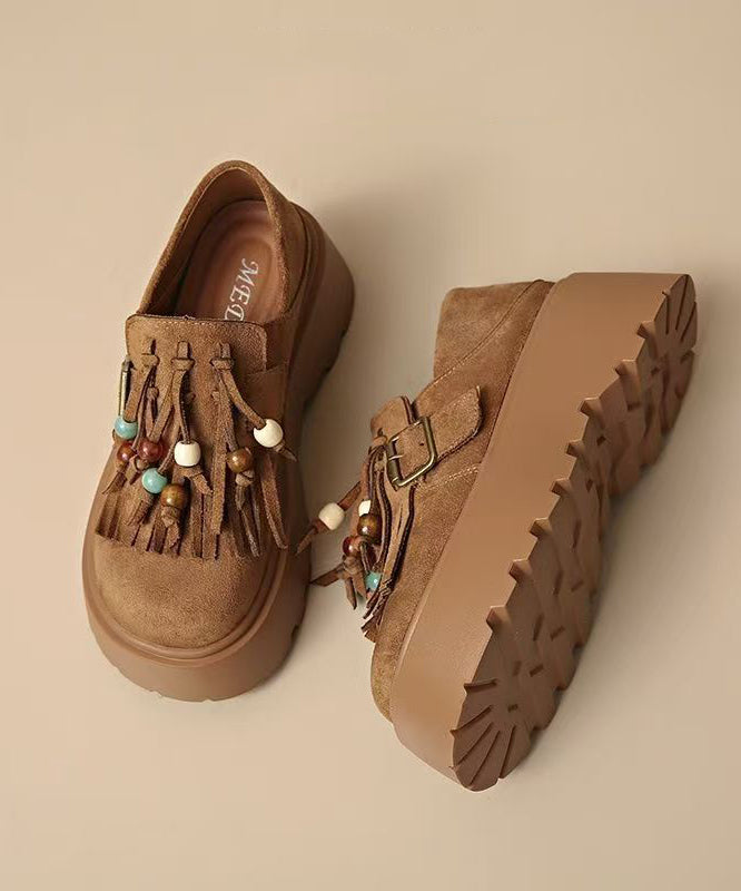 Stylish Brown Tassel Splicing Platform Flats