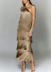 Stylish Brown Tasseled Backless Silk Halter Dress Summer