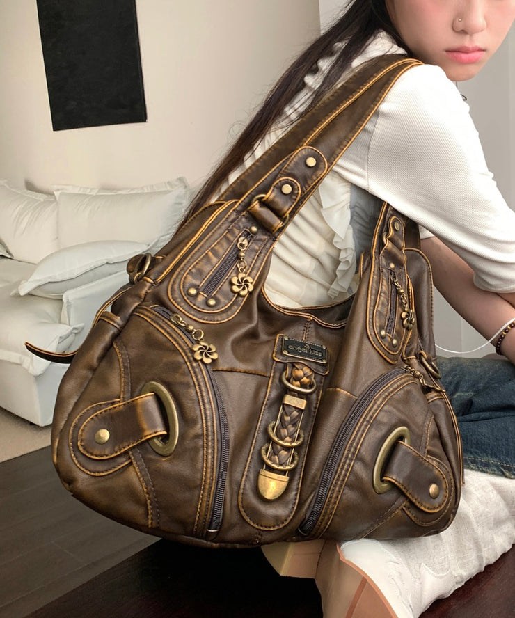Stylish Brown Zippered Large Capacity Faux Leather Satchel Handbag
