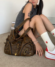 Stylish Brown Zippered Large Capacity Faux Leather Satchel Handbag