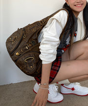 Stylish Brown Zippered Large Capacity Faux Leather Satchel Handbag