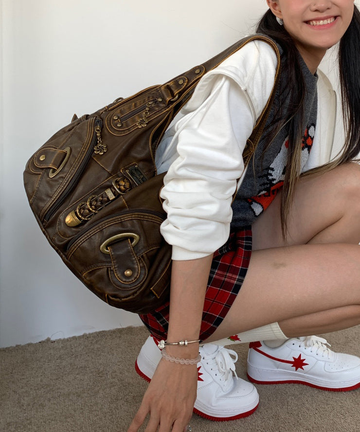 Stylish Brown Zippered Large Capacity Faux Leather Satchel Handbag