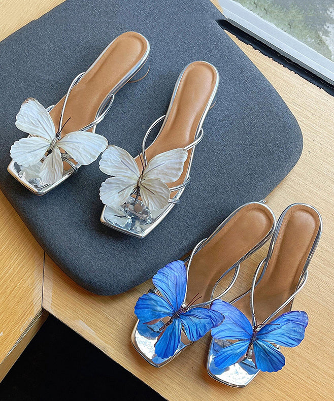 Stylish Butterfly Splicing Chunky Blue Faux Leather Slide Sandals