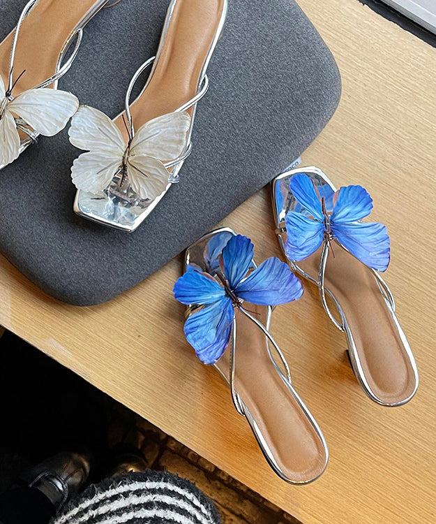 Stylish Butterfly Splicing Chunky Blue Faux Leather Slide Sandals