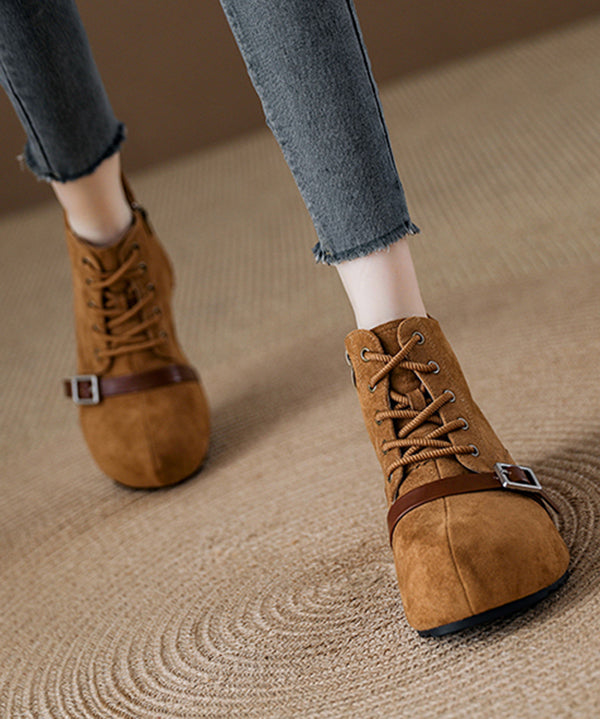 Stylish Camel Lace Up Suede Splicing Platform Boots