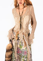 Stylish Camel Ruffled Patchwork Lace Shirt Flare Sleeve
