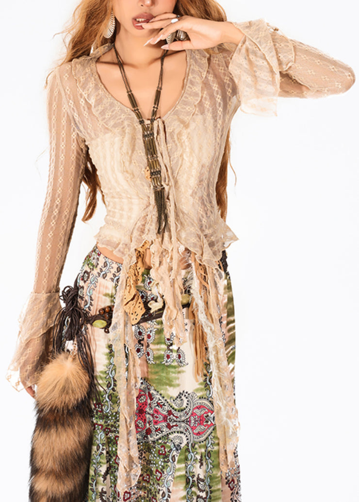 Stylish Camel Ruffled Patchwork Lace Shirt Flare Sleeve