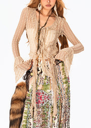 Stylish Camel Ruffled Patchwork Lace Shirt Flare Sleeve