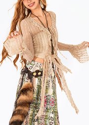 Stylish Camel Ruffled Patchwork Lace Shirt Flare Sleeve