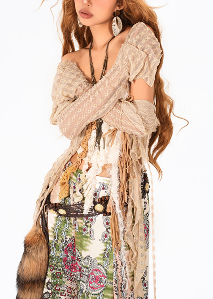 Stylish Camel Ruffled Patchwork Lace Shirt Flare Sleeve