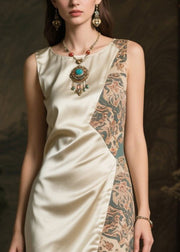 Stylish Champagne Asymmetrical Patchwork Tulle Silk Long Dress Sleeveless