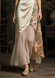 Stylish Champagne Asymmetrical Patchwork Tulle Silk Long Dress Sleeveless