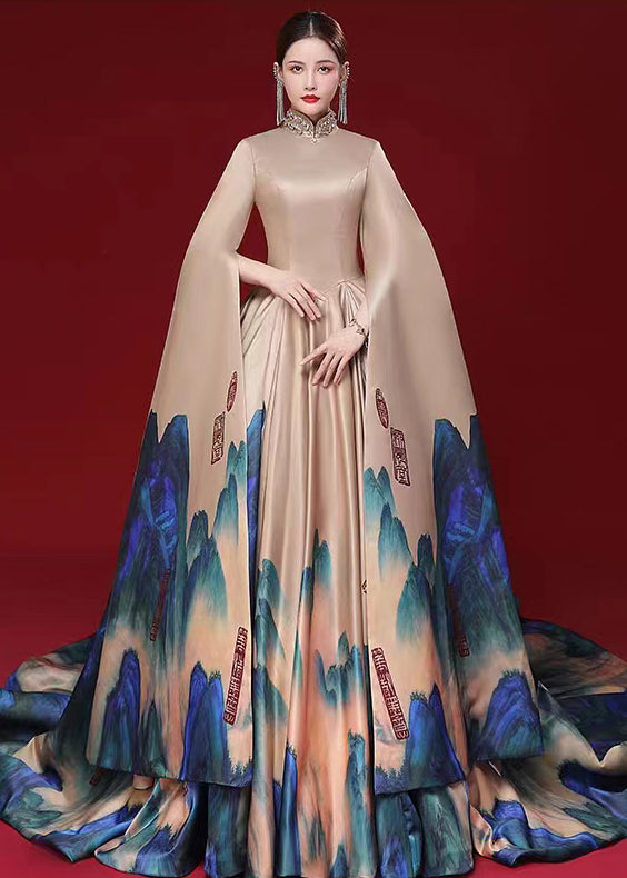 Stylish Champagne Color Zircon Print Patchwork Silk Maxi Dresses Fall