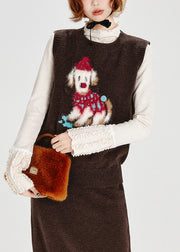 Stylish Chocolate Embroidered Dog Knit Two Piece Suit Set Spring