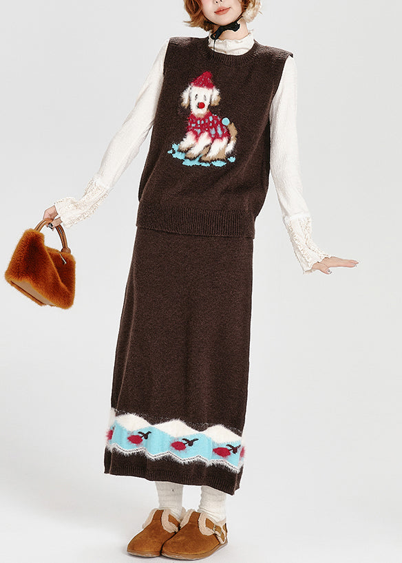 Stylish Chocolate Embroidered Dog Knit Two Piece Suit Set Spring
