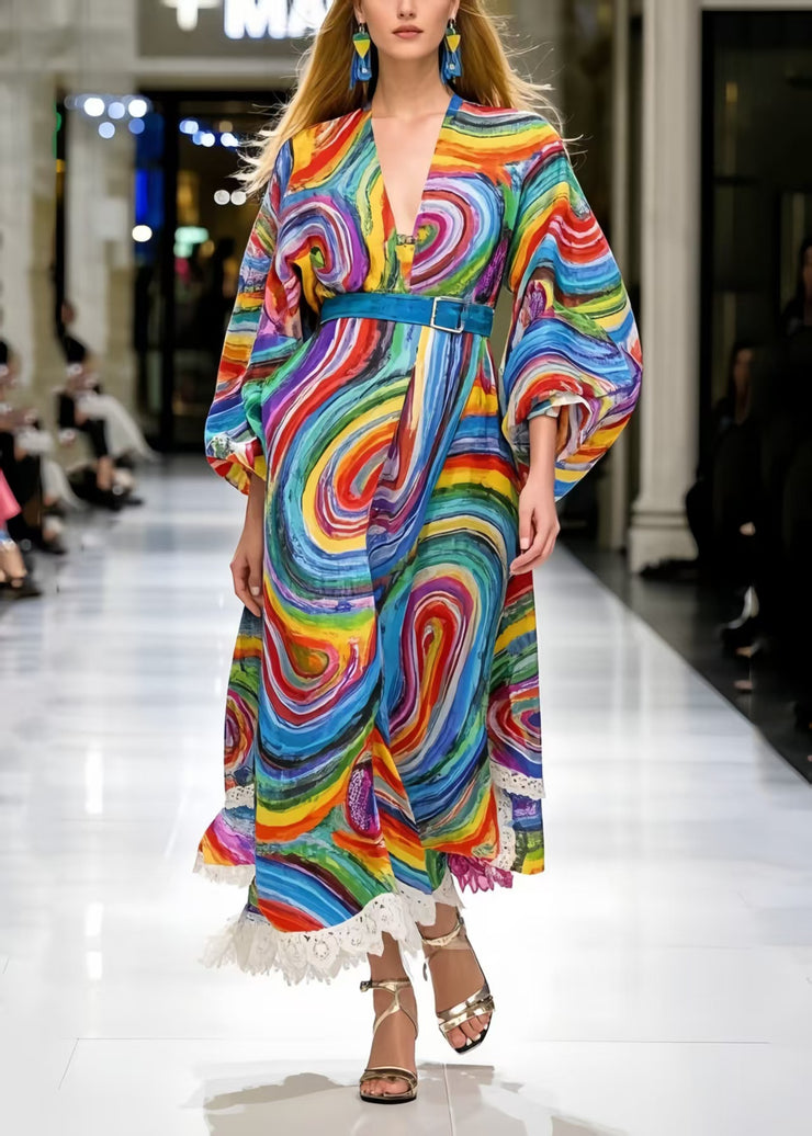 Stylish Cinched Print Chiffon Maxi Dresses Spring