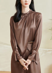 Stylish Coffee Asymmetrical Wrinkled Silk Shirts Fall