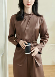 Stylish Coffee Asymmetrical Wrinkled Silk Shirts Fall