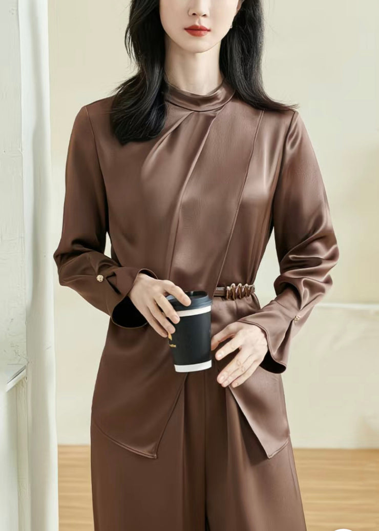 Stylish Coffee Asymmetrical Wrinkled Silk Shirts Fall