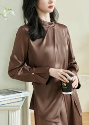 Stylish Coffee Asymmetrical Wrinkled Silk Shirts Fall