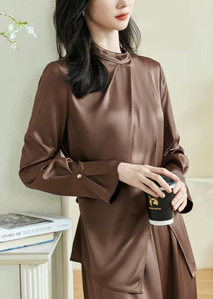 Stylish Coffee Asymmetrical Wrinkled Silk Shirts Fall
