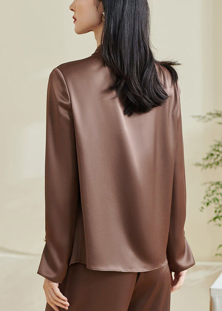 Stylish Coffee Asymmetrical Wrinkled Silk Shirts Fall