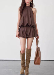 Stylish Coffee Backless Tops And Shorts Cotton Two Pieces Set Sleeveless