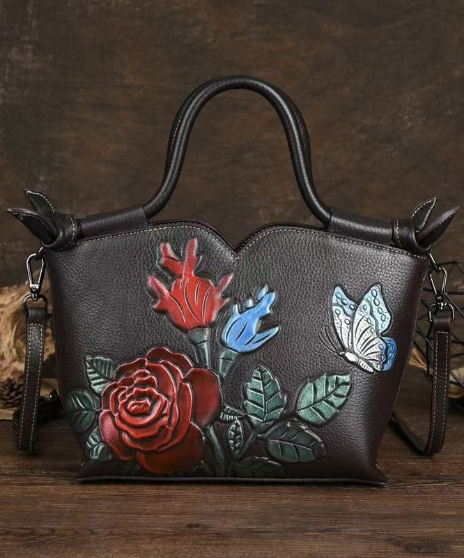 Stylish Coffee Calf Leather Embossed Tote Bag