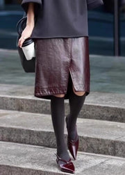 Stylish Coffee Front Open High Waist Faux Leather Skirts Fall