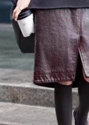 Stylish Coffee Front Open High Waist Faux Leather Skirts Fall