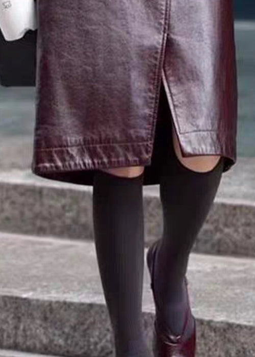 Stylish Coffee Front Open High Waist Faux Leather Skirts Fall