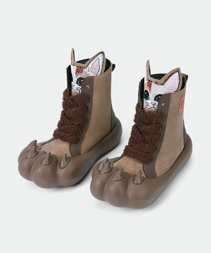 Stylish Coffee Lace Up Splicing Cartoon Platform Boots