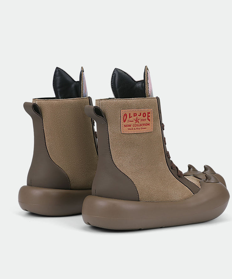 Stylish Coffee Lace Up Splicing Cartoon Platform Boots