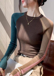 Stylish Coffee O Neck Patchwork Woolen Knitted Tops Fall