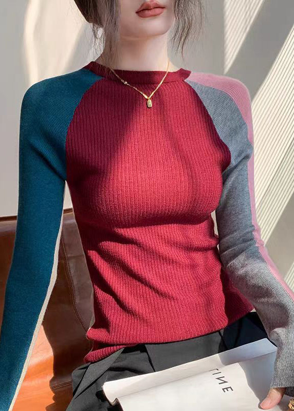Stylish Coffee O Neck Patchwork Woolen Knitted Tops Fall