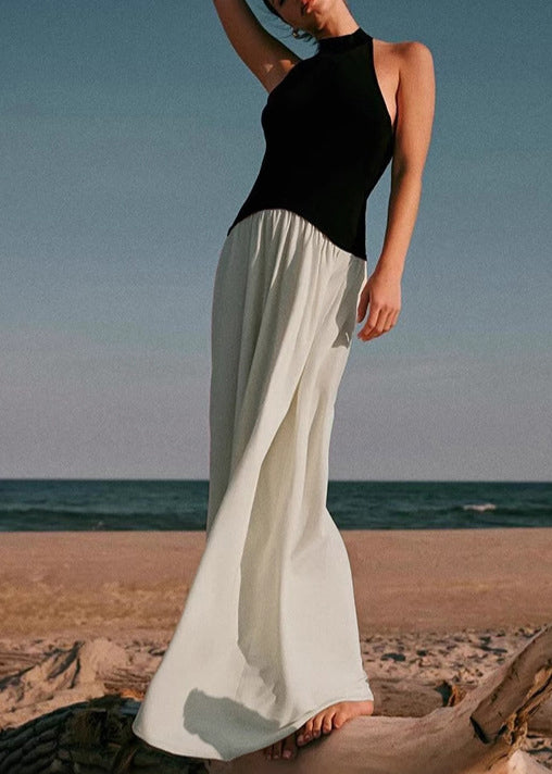 Stylish Colorblock Backless Cotton Long Dress Sleeveless