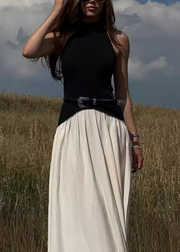 Stylish Colorblock Backless Cotton Long Dress Sleeveless
