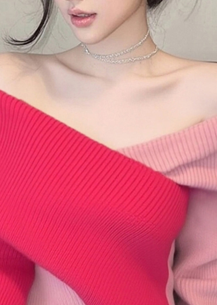 Stylish Colorblock Cold Shoulder Patchwork Knit Sweaters Fall
