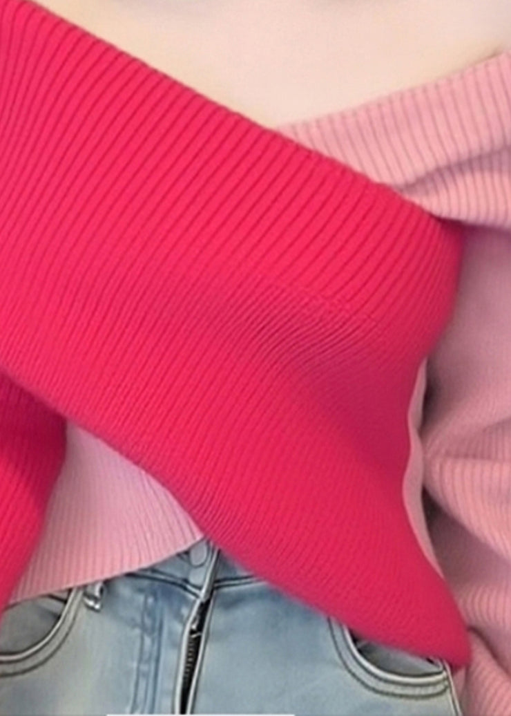 Stylish Colorblock Cold Shoulder Patchwork Knit Sweaters Fall