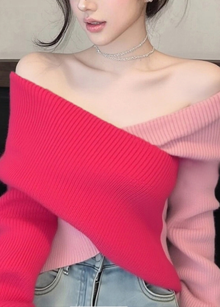 Stylish Colorblock Cold Shoulder Patchwork Knit Sweaters Fall