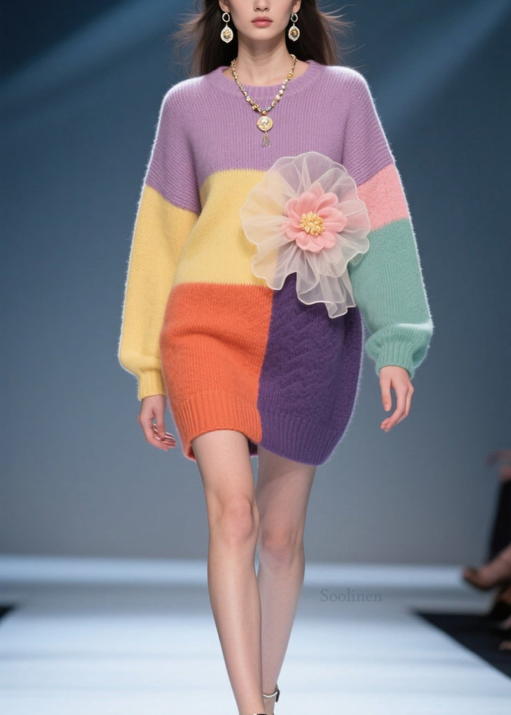Stylish Colorblock O Neck Floral Knit Sweater Dress Fall