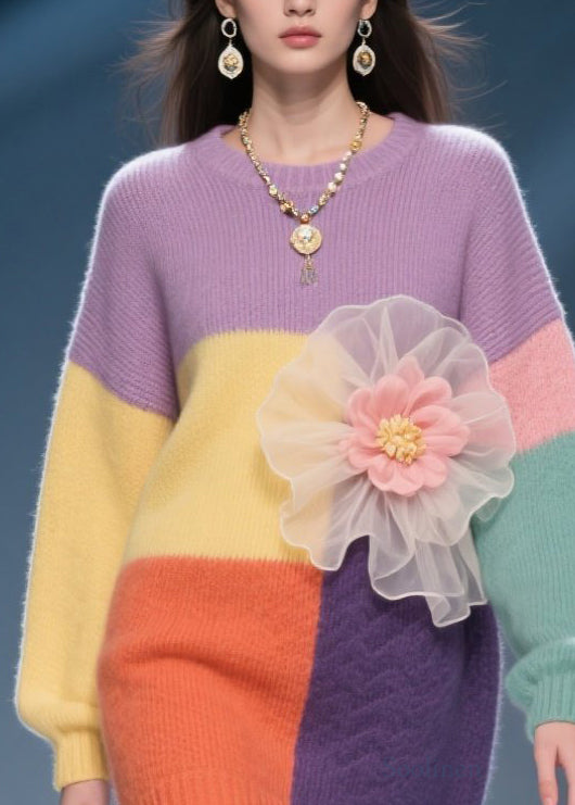 Stylish Colorblock O Neck Floral Knit Sweater Dress Fall