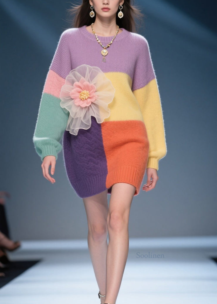 Stylish Colorblock O Neck Floral Knit Sweater Dress Fall